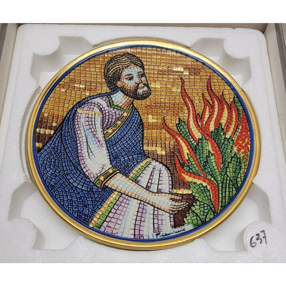1985 Veneto Flair Moses Burning Bush Tile Mosaic 8" Plate #637 w/ COA Box